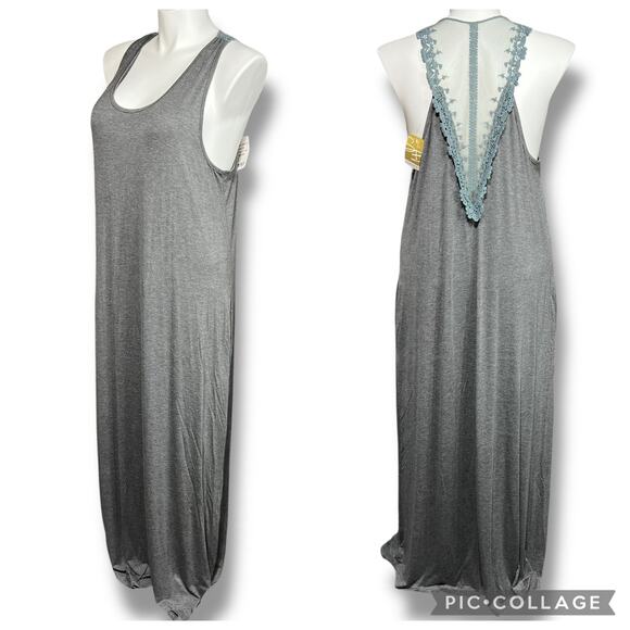 Suzanne Betro Womens Maxi Sundress Sleeveless Scoop Neck Sheer Lace Back Gray 2X - Picture 1 of 13